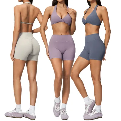 TZ4208-1 Women's Solid Breathable Summer Deep-V Top Slimming Shorts Butt-Lifting Tummy-Control for Running Sports Yoga Set