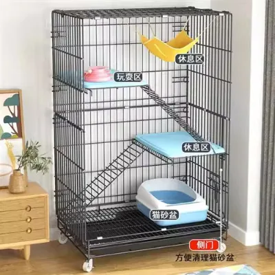 Double-layer, three-layer cat cage with ladder, foldable iron cage with toilet, cat house, home villa cat cage