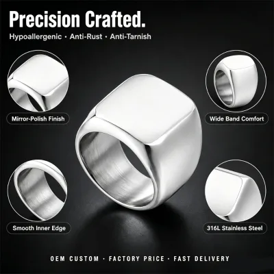 Wholesale Men Stainless Steel Signet Ring Smooth Polished Wide Band Finger Ring OEM Custom Jewelry B2B Bulk Order