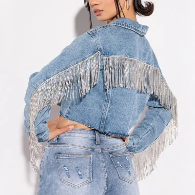 Custom Womens Ladies 100% Cotton Rhinestone Fringe Raw Hem Cropped Denim Cowboy Jacket Denim Jacket Woman With Rhinestones