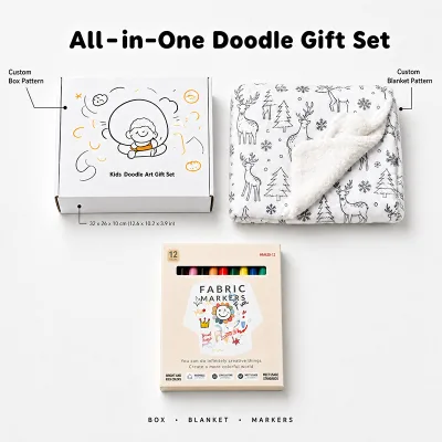 Custom Sherpa DIY Color Blanket Gift Set with 12 Washable Markers Creative Kids Craft Bag for Family