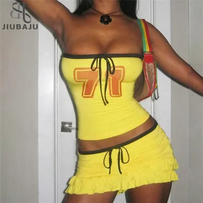Summer Girl Skirt Set Sexy Strapless Bandage Crop Top Edge Skirt Set