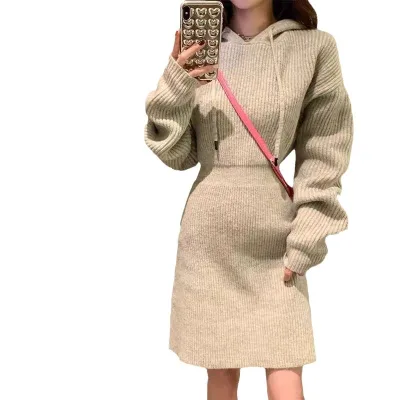 Fashionable Hooded Knitted Dress Slimming Autumn Winter New Korean Style Dress With Temperament