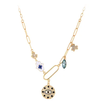 Mysterious Handmade Paperclip Chain Lucky Pendant Necklace Gold Crystal Stone Enamel Evil Eye Necklace