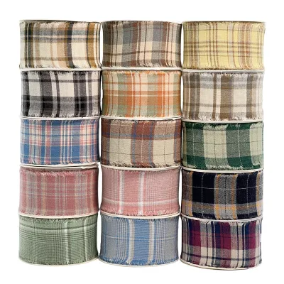 Wholesale 1.5 Inch Single-Face Check Cotton Ribbon Hand Torn Plaid for Christmas Decorations 100% Cotton