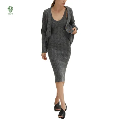 Wholesale Custom Long Sleeves Chunky Midi Dress and Sweater Cardigan Two Piece Set Button up Bodysuit Women'S Sweater Dress Set