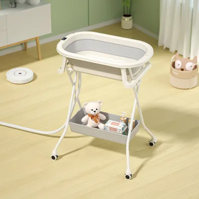Baby Changing Table Collapsible Freestanding Baby Bath Cart with Silent Lockable Wheels Smart Water Temperature Display