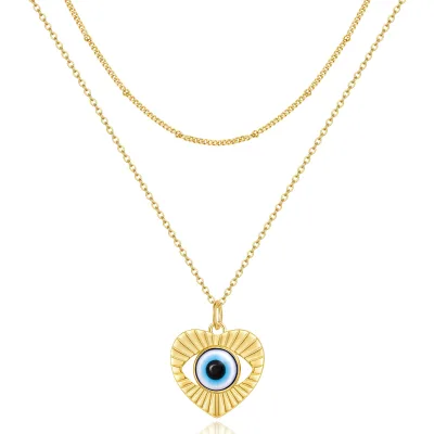 Dainty Minimal 14K Gold Plated Trendy Strand Layered Necklace Zircon Demon Eyes Enamel Heart Pendant Women's Eco-Friendly Daily