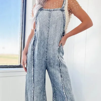 Women's Denim Jumpsuit Wide Leg Strapless Romper Casual Summer Outfit Comfort Fit Fashionable One Piece Ladies Blue Overalls