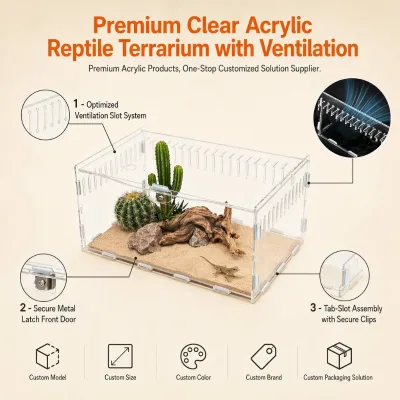 Acrylic Reptile Terrarium Rectangular Bearded Dragon Lizard Habitat Tank with Ventilation Slits & Latch Lid Desert Vivarium