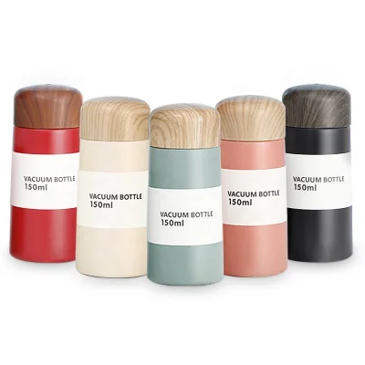 Creative Stainless Steel Wood Grain Lid Minimalist Travel Cup for Couples, Mini Pocket Insulated Cup