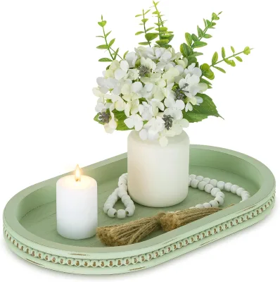 Rustic Green Washed Wooden Tray With Handles Wooden Serving Tray Style Decorative Carved Platter Set