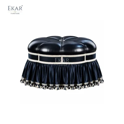 Midnight Regency Couture Ottoman | Luxury Round Upholstered Pouf with Tassel Trim - EKAR