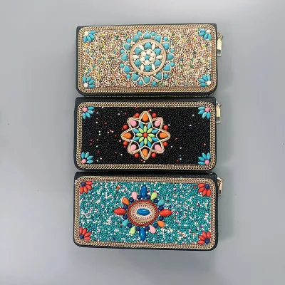 Peiquan New Ethnic-Style Vintage Clutch Bag Handcrafted Beaded Zipper Bag Women's Evening Bag Multi-Compartment Square Bag