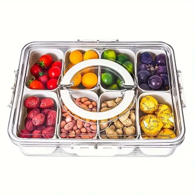 Large Silicone Food Serving Tray with 8 Compartments Plastic Storage Boxes Organizers for Snacks Salads Fruits Vegetables Spices