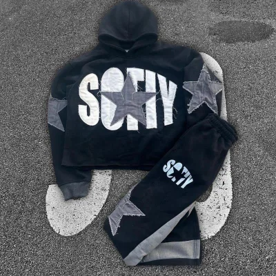 Custom Men's Casual Two-Piece Hooded 100% Cotton Tracksuits Eco-Friendly Beaded Garment Dyed for Autumn Season