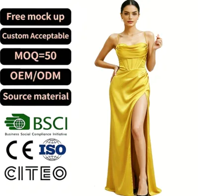 Wholesale Spaghetti Strap Sleeveless Boat Neck Corset Waist Ruched Satin High Slit Floor-Length Empire Straight Evening Gown