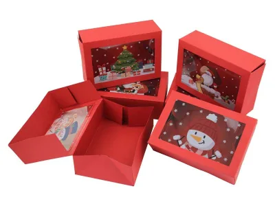 Red Christmas Gift Box Transparent Clear Window Baking Candy Cookie Boxes Pop-up Paper Box