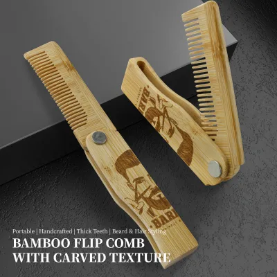 Personalized Natural Bamboo Flip Comb Portable Wood Streaker Comb With Carved Texture Folding Pocket Comb for Men Beard Grooming