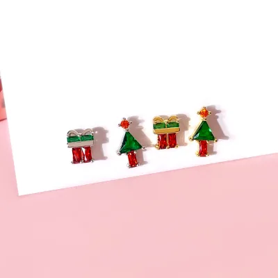 FOXI 100% 925 Sterling Silver Enamel Color Christmas Tree Charms Cute Pine SilverTree Earrings