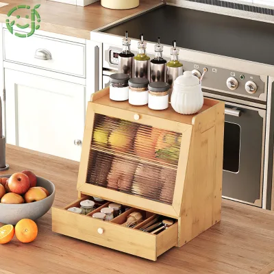 JQ Customize Bamboo Storage Boxes Cabinet Bamboo Bread Box Food Storage Bin Dish Bowl Organizer for Kitchen Countertop