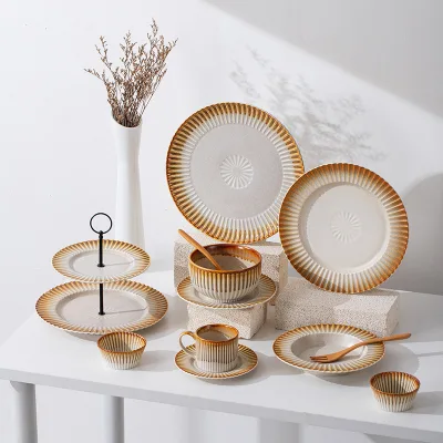Aesthetic Premium Ceramic Dinnerware Set Custom Logo Multi-size Bowl Plate Spoon Tableware For Housewarming Wedding Home Gift
