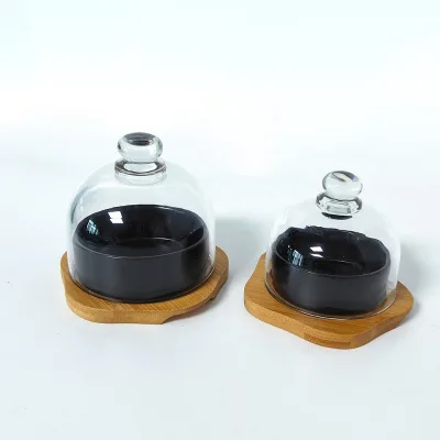 High Quality Glass Cheese Container Clear Glass Butter Holder with Bamboo Base Glass Cloche for Breakfast Cheese Serving