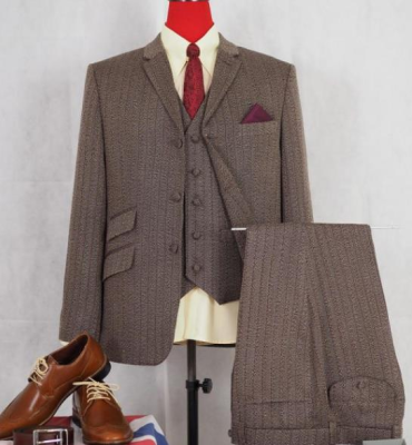 Tailor Herringbone Tweed Stripe Brown Vintage Mens Business 3-piece Suit