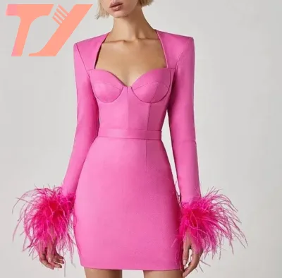TUOYI Hot Selling Women Long Sleeve With Feather Mini Bandage Dress for Evening Party Suit