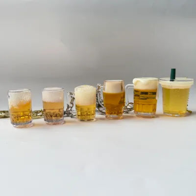 Mini Beer Cup Keychain with Straw Liquid Floating Glitter PVC Strap Keyring Custom Logo Acrylic for Gift Souvenir Multi Styles