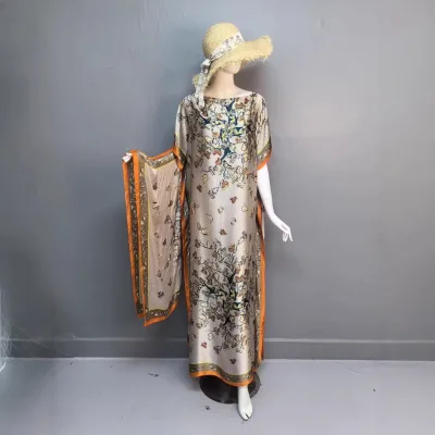 Cross-Border Vintage Style Kaftan Elegant Loose Summer Dress for Adults Large Size Polyester Silk Material Traditional Muslim
