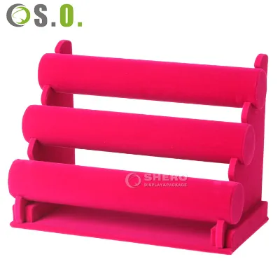 Custom Velvet Wooden Jewelry Ring Necklace Bracelet Jewelry Display Stand Hot Pink Earrings Organizer