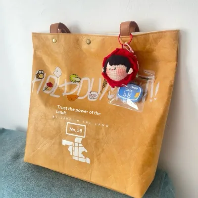 Customized DuPont Paper Vintage-style Tote Bags with logo Cartoon Print Rectangular Shape Washable Eco-friendly Shopping Bags