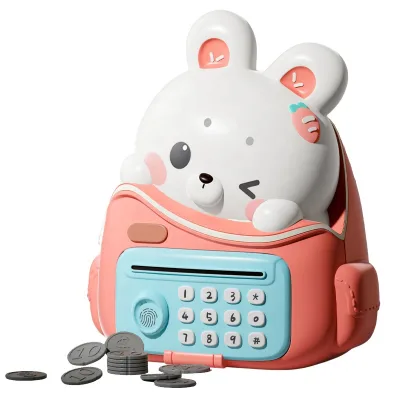 Cartoon Rabbit & Piggy Bank Money Box 2-in-1 Fingerprint Unlock Plastic Backpack Toy for Children