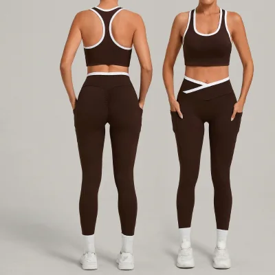 Autumn Spandex/Nylon Brushed Contrast-color Vest Shorts Yoga Set European American Style Tight-fitting Sweat-Wicking Set