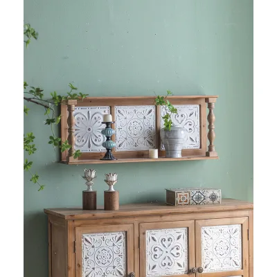 Farmhouse Decor Rustic Carve Wooden Wall Storage Shelf Rack Floating Shelves Wall Mounted Kitchen Multifunction Display Small