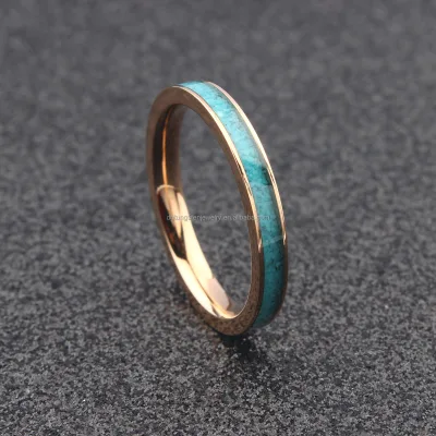4mm Rose Gold Flat Titanium Ring,Crushed Turquoise Inlay , Womens Jewelry