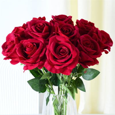 Artificial Flower Single Velvet Red Rose Large Velvet Roses for Wedding Events