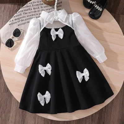 Girls Children A-line Dress 2026 Spring New Korean Style Sweet and Cute Bow Mesh Long Sleeve Princess Dress