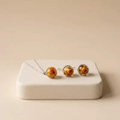 Romantic Real Rose Resin Sphere Necklace and Earrings Set Stainless Steel Hypoallergenic Botanical Flower Jewelry for Valentine