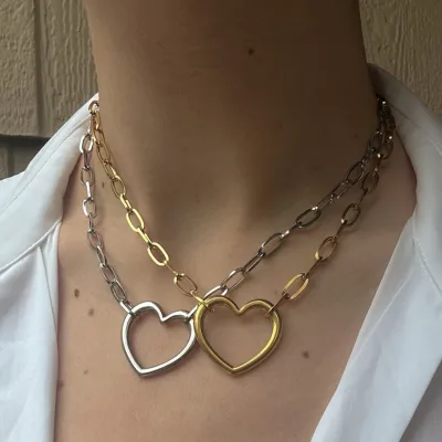 18K Gold Plated Stainless Steel Heart Pendant Necklace Paperclip Chain Necklace Minimalist Jewelry
