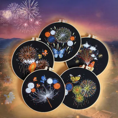Custom DIY Embroidery Kit Beginner 5 Inch Handmade Embroidery Crafts Cross Stitch Design Patterns Gifts Firework Embroidery Kits