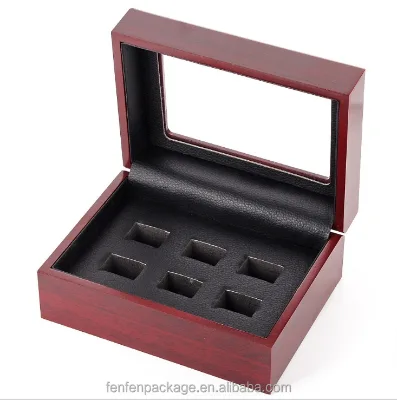 FENFEN Luxury Dark Wood 6-Slot Championship Ring Display Box Clear Window Premium Collectible Ring Storage Case for Sports