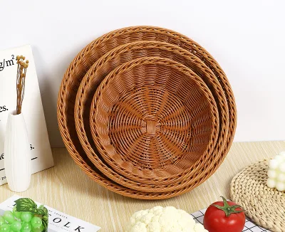 Hand Woven Plastic Rattan Fruit Basket Multipurpose Storage Bowl for Candy Bread Snacks Dried Fruits and Vegetable Display