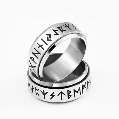 Trendy Nordic Viking Runes Rounds Fidget Ring 360 Rotation Metal Ring Spinning Ring Anxiety