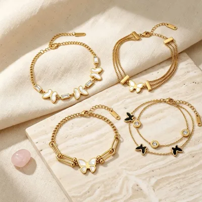 Wholesale Dainty Butterfly Shell Enamel Bracelets Stainless Steel Multi Layer CZ Chain Braceletsv for Women