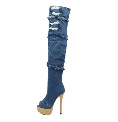 Women Over the Knee Denim Boots Chunky Heels Open Toe Denim Shark Boots With Lock Platform Heels Peep Toe Thigh High Denim Boots
