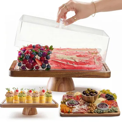 Modern Eco-Friendly Acacia Wood 2-in-1 Cake Stand Holder Lid Dome Cover Dessert Table Display Set Charcuterie Board Fruit