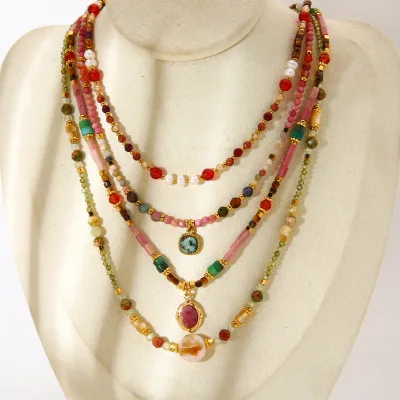 Vintage Sweater Chain Necklace with Natural Stone Beads Stainless Steel, Unique Boho Style Jewelry for Women