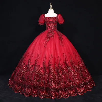 Cheap Vintage Lace Red With Gold Lace Wedding Dresses Long Train Plus Size Ball Gown